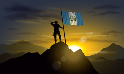 Guatemala flag, silhouette of man holding flag on Sunset cliff. Vector Illustrator