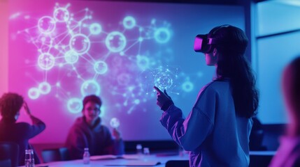 Person using virtual reality headset during futuristic presentation with holographic data visualization.