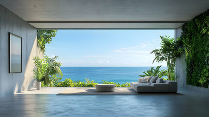 Modern Minimalist Living Room with Ocean View - 3D Illustration