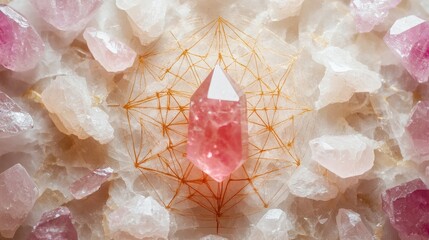 a close-up of a rose quartz crystal and sacred geometry crystal grid for self-love and self-healing.