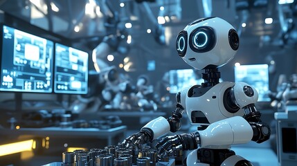 4D animated robot assembling parts in a futuristic factory, with holographic screens and machinery in the background 