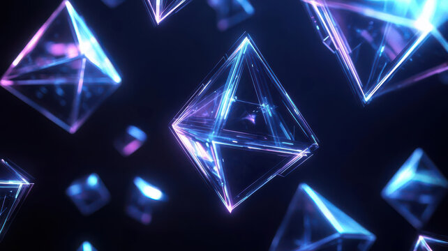 Abstract glowing geometric shapes floating in a dark space, futuristic glowtime design, cuttingedge and creative, perfect for techrelated visuals