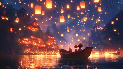 Cute animated characters on a dreamy boat ride through glowing waters with floating lanterns in the night sky 