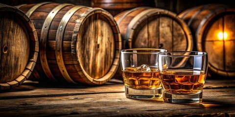 Two glasses of strong alcohol placed among oak barrels