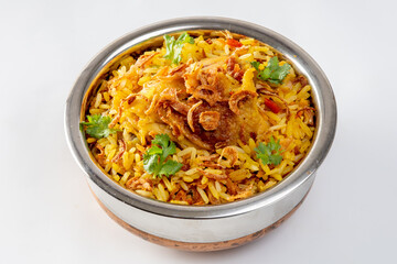 Chicken biryani in Bowl on a white background