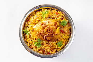 Chicken biryani in Bowl on a white background