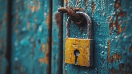 Old rusty padlock on a blue door.