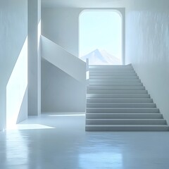 Obraz premium A white staircase leads up towards a large window overlooking a snow-capped mountain.