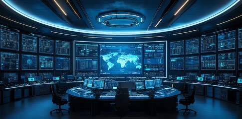 A futuristic control room with multiple screens displaying data and a world map.