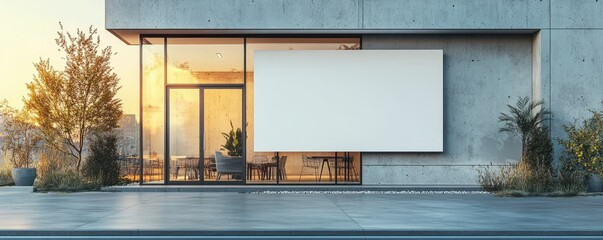 Modern Minimalist Building Exterior with Large Blank Billboard at Sunset