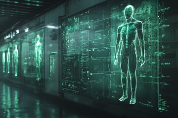 A futuristic hallway with glowing green screens displaying digital representations of the human body.