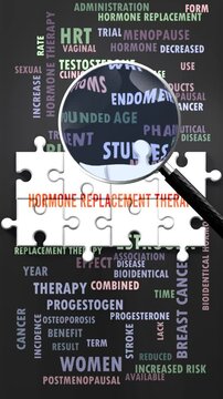 Hormone Replacement Therapy under magnifying glass, being researched, studied and examined. Most important subjects and ideas closely related to hormone replacement therapy written around a puzzle.