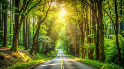 Obraz premium Scenic road cutting through a lush, green forest landscape with tall trees and dappled sunlight filtering through the branches