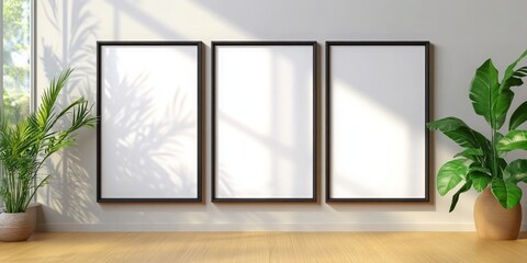 Three blank frames on a white wall, perfect for showcasing your artwork or photography.