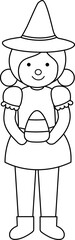 Cute girl wearing Halloween witch costume outline vector.
kid dressed like a witch coloring drawing svg.