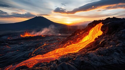 Glowing lava flowing from a volcano at dusk, capturing nature s raw power, volcanic glowtime, intense and dramatic
