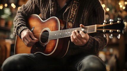 Obraz premium A man plays an acoustic guitar, his fingers moving deftly across the strings.