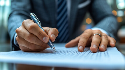 Closeup of businessman signing a contract document for his company using a stylish metal pen