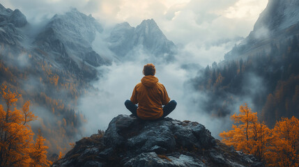 Person wearing yellow jacket meditating on top of a rock in the mountains overlooking a beautiful panorama in autumn 
