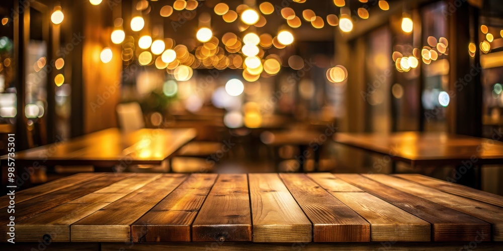 Aufkleber empty wooden table in a dimly lit cafe with a background of golden bokeh lights