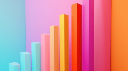 Abstract colorful 3D graphic with bars in an upward trend against a blue, pink and orange background.