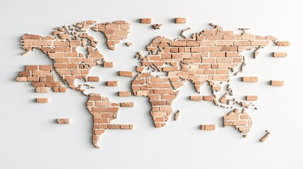 A world map divided by tall brick walls, preventing goods from flowing between nations, trade wall, economic protectionism
