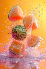 Watermelon and cantaloupe slices splash into a pool of water against a vibrant orange backdrop, creating a refreshing and lively summer scene.