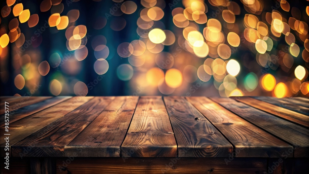 Fototapete Empty dark wooden table in front of blurred bokeh background for display with selective focus
