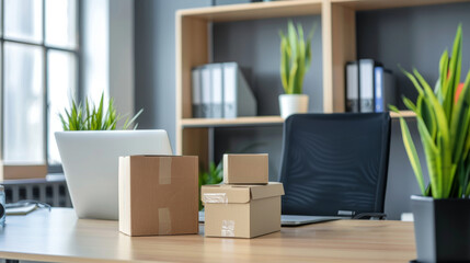 Fototapeta premium Modern Office Workspace with Cardboard Boxes