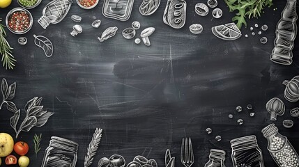 Chalkboard with assorted cooking ingredients vegetables fruits and kitchen utensils in a rustic overhead flat lay composition for culinary and recipe planning
