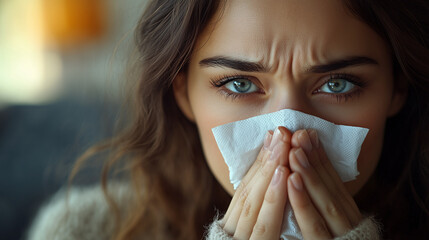 Woman with flu or virus blowing her nose in a tissue. Ill girl sneezing because she's allergic.