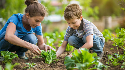 Mother and Son Planting Vegetables in Home Garden