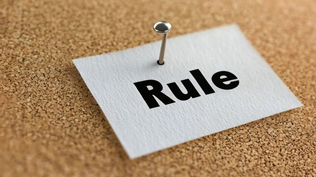 Thumbtack pushing through paper note revealing rule word