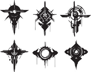Set cyberpunk symbols, ornaments, elements. Hand drawn vector illustration	