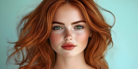 Close-up portrait of a young woman with red hair and green eyes. Her freckles add to her natural beauty.