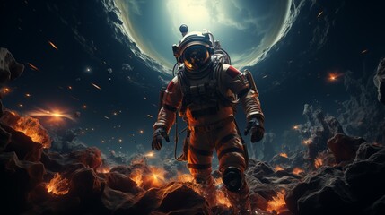 an astronaut is shown in his spacesuit with space on the background.