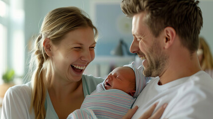 Fototapeta premium Joyful Parents Reaction to Their Newborn Baby