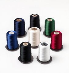 M
8 different thread colors in the center of an all white background. The words should be in black, green red navy blue gray cream dark grey