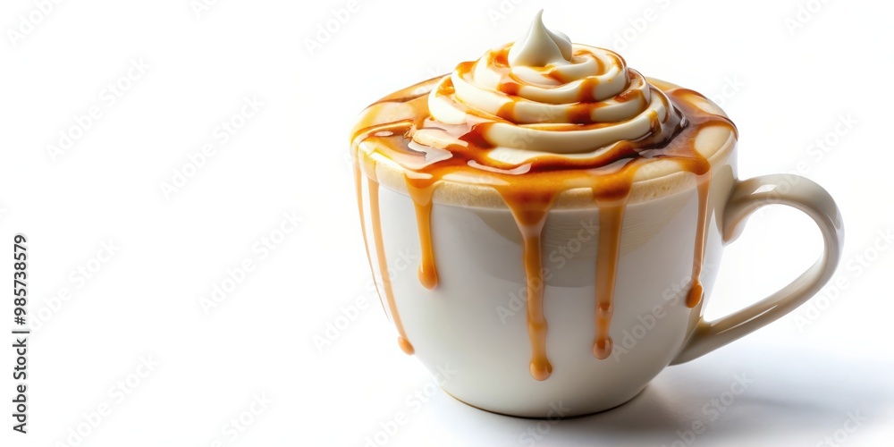 Poster caramel macchiato latte with caramel syrup drizzle on top, isolated on background