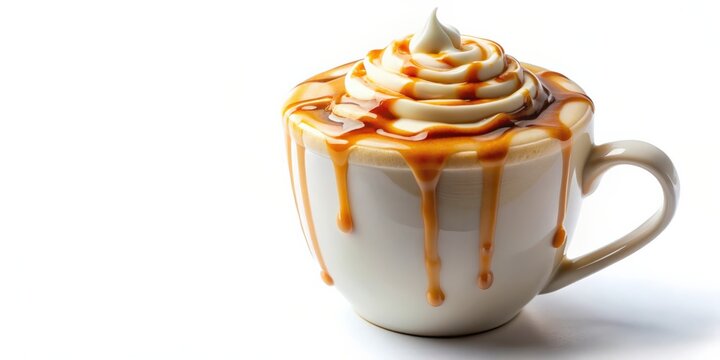 Caramel macchiato latte with caramel syrup drizzle on top, isolated on background