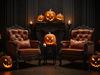 Gorgious Halloween spooky background scary pumpkins in creepy horror ghost house room