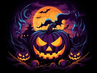 A vector illustration of an orange, glowing jack-o'-lantern surrounded by colorful smoke, with bats flying around in the background against a backdrop of a moon and purple flames. This Halloween desig