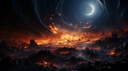 Fototapeta premium Black hole creating a swirling vortex of cosmic matter and light in the vastness of space.