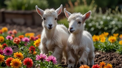 Obraz premium Two amusingly small newborn goats playing in the flowerbed. livestock on farms.