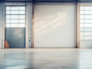 Spacious industrial warehouse interior with large windows and clear walls during daylight hours