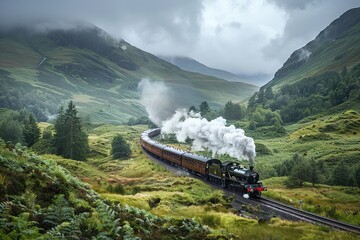 Obraz premium Historic steam train winding through a mountain valley