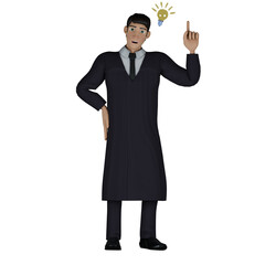 Animated Male Judge.  A male judge stands with his right hand raising his index finger upwards as if he has an idea. 3D Judicial Professional