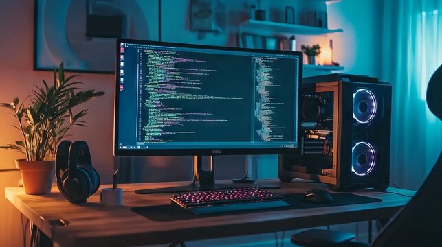 A computer setup with code on the screen, representing learning python for data engineering. main objects: monitor, keyboard, plant, headphones.