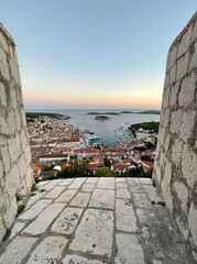 View over Hvar Town and harbour in Croatia from Hvar Fort at sunset