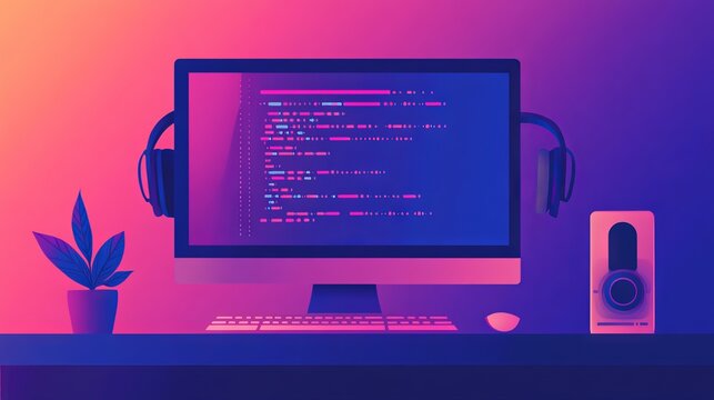 A computer setup with code on the screen, representing learning python for data engineering. main objects: monitor, keyboard, plant, headphones.